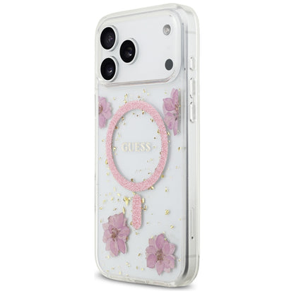 MagSafe Hülle für Apple iPhone 17 Pro, Guess, Resin Flowers and Glitter, Rosa