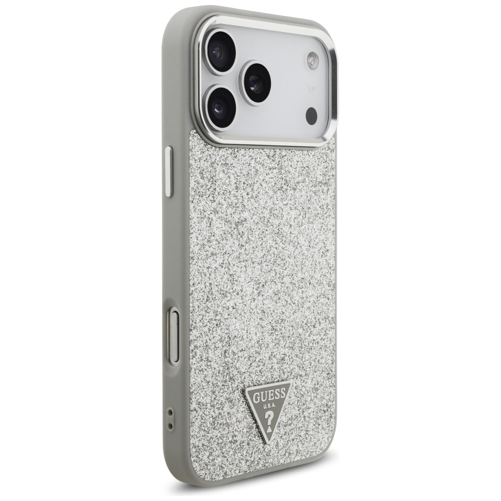 MagSafe Hülle für Apple iPhone 17 Pro Max, Guess, Glitter Triangle Logo, Silber