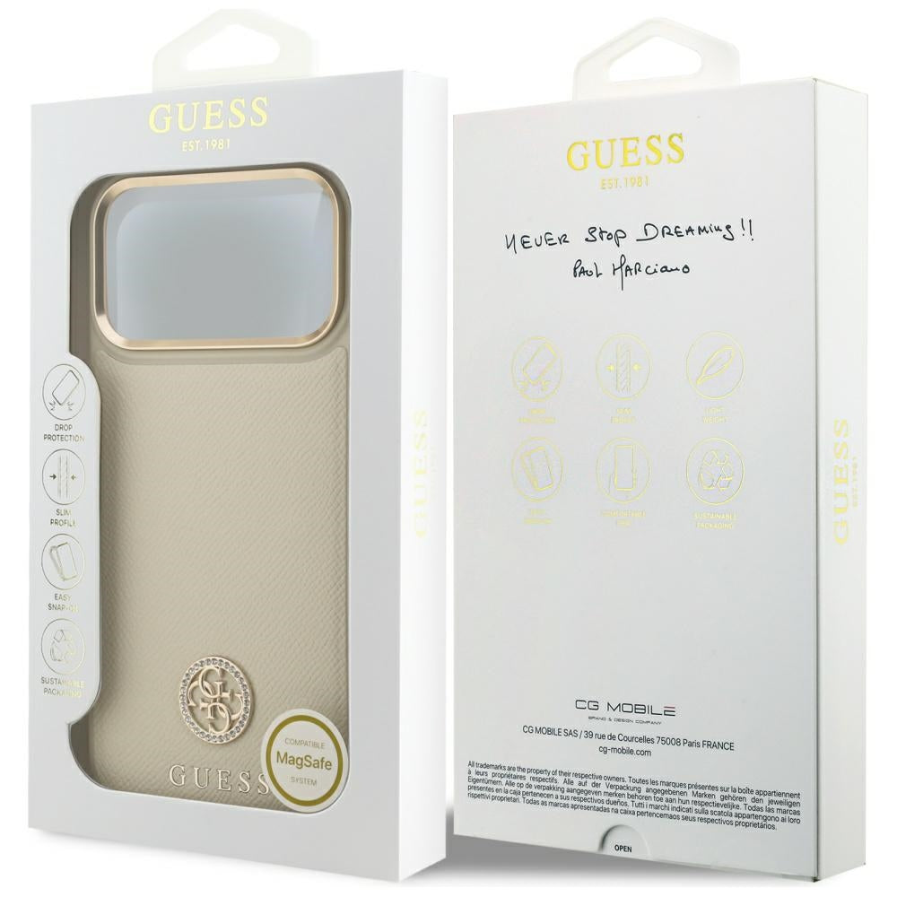 MagSafe Hülle für Apple iPhone 17 Pro Max, Guess, Grained Strass Logo, Beige