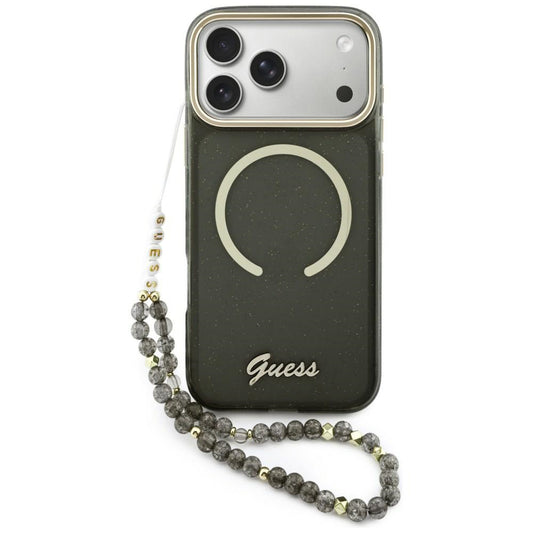 MagSafe Hülle für Apple iPhone 17 Pro Max, Guess, IML Glitter Script Strap, Schwarz