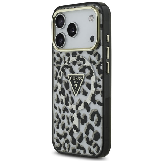 MagSafe Hülle für Apple iPhone 17 Pro Max, Guess, Leopard Glitter, Schwarz