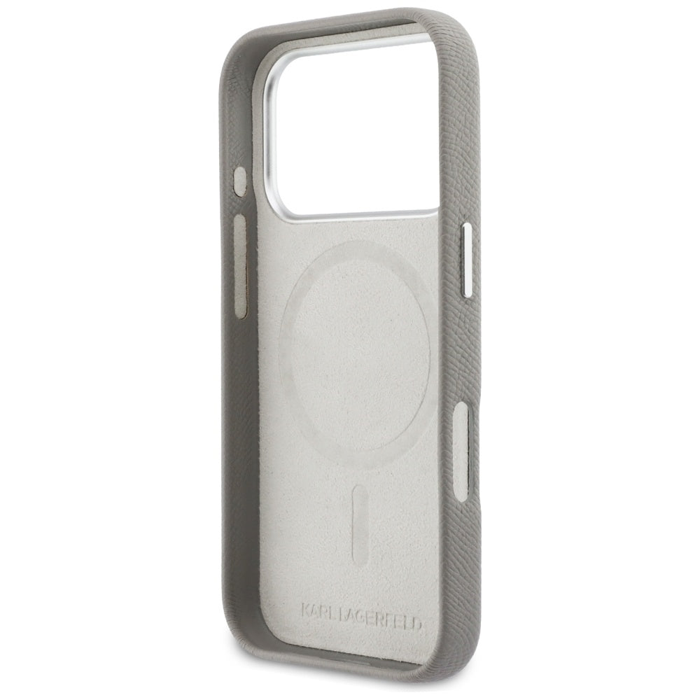 MagSafe Hülle für Apple iPhone 17 Pro Max, Karl Lagerfeld, Saffiano Karl & Choupette Pins, Grau