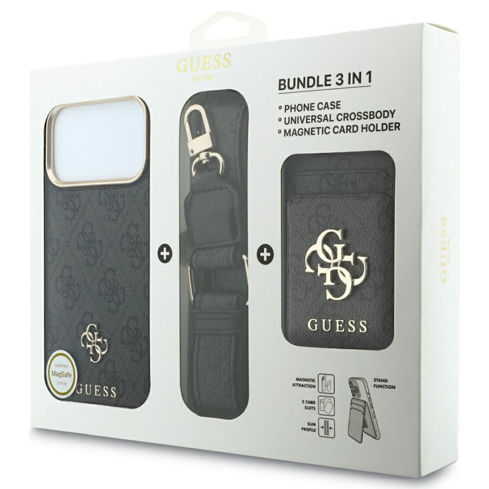 MagSafe-Hülle für Apple iPhone 18 Pro / 17 Pro, Guess, 4G Cardslot & Big Strap, Schwarz