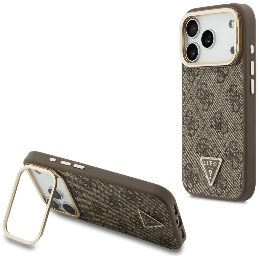 MagSafe-Hülle für Apple iPhone 18 Pro / 17 Pro, Guess, 4G Triangle Logo & Kameraständer, Braun