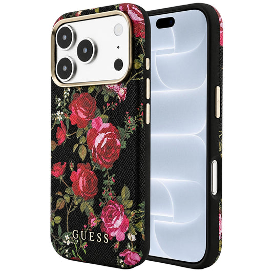 MagSafe-Hülle für Apple iPhone 18 Pro / 17 Pro, Guess, Blossom Roses Print, Schwarz