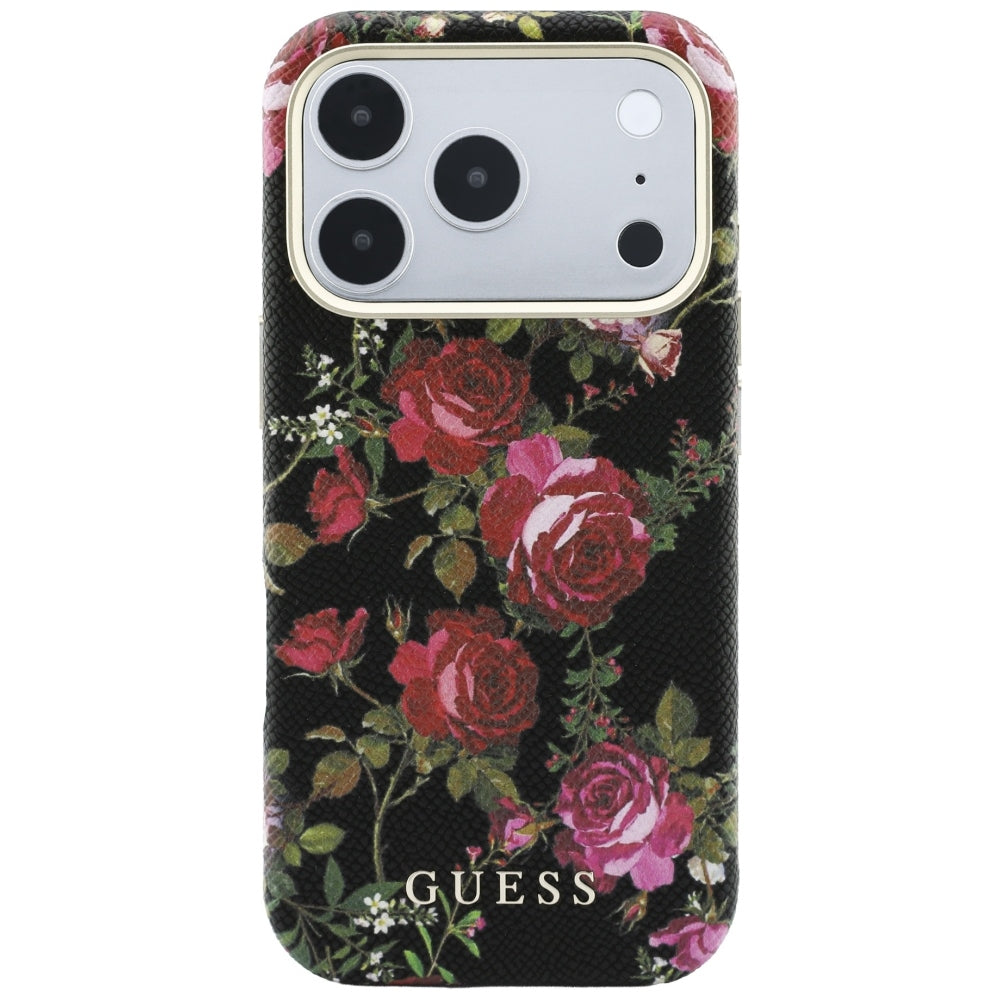 MagSafe-Hülle für Apple iPhone 18 Pro / 17 Pro, Guess, Blossom Roses Print, Schwarz