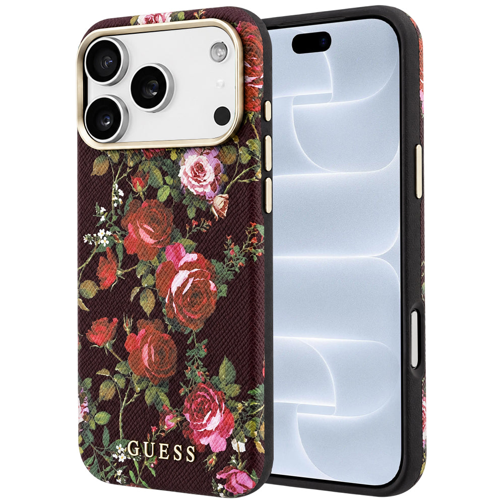MagSafe-Hülle für Apple iPhone 18 Pro / 17 Pro, Guess, Blossom Roses Print, Weinrot