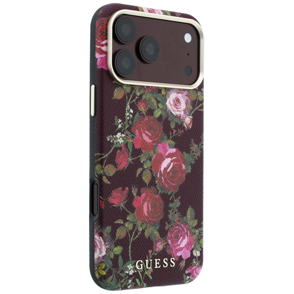 MagSafe-Hülle für Apple iPhone 18 Pro / 17 Pro, Guess, Blossom Roses Print, Weinrot