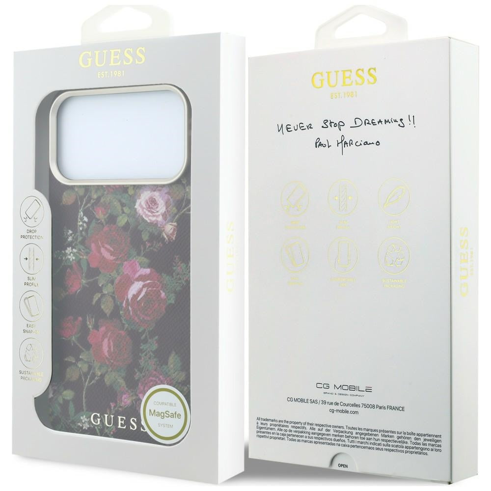 MagSafe-Hülle für Apple iPhone 18 Pro / 17 Pro, Guess, Blossom Roses Print, Weinrot