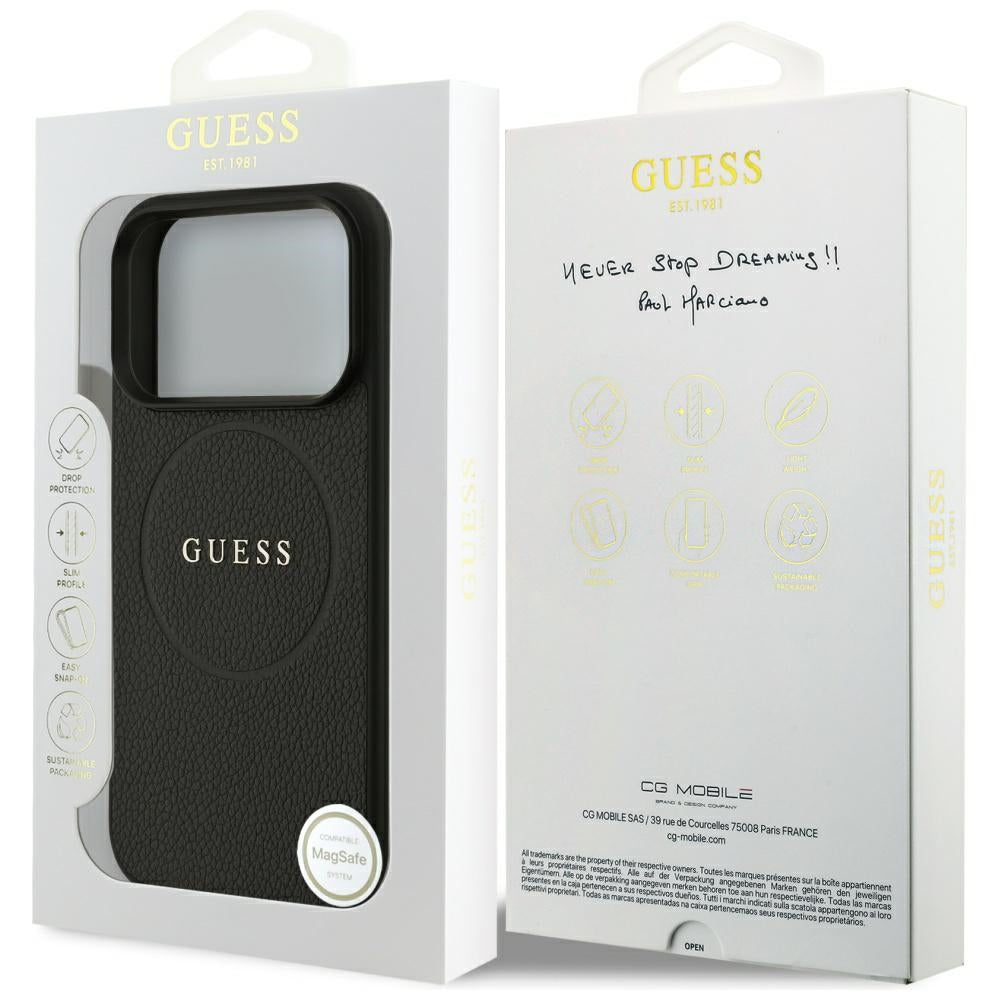 MagSafe-Hülle für Apple iPhone 18 Pro / 17 Pro, Guess, Geprägter Goldring, Schwarz