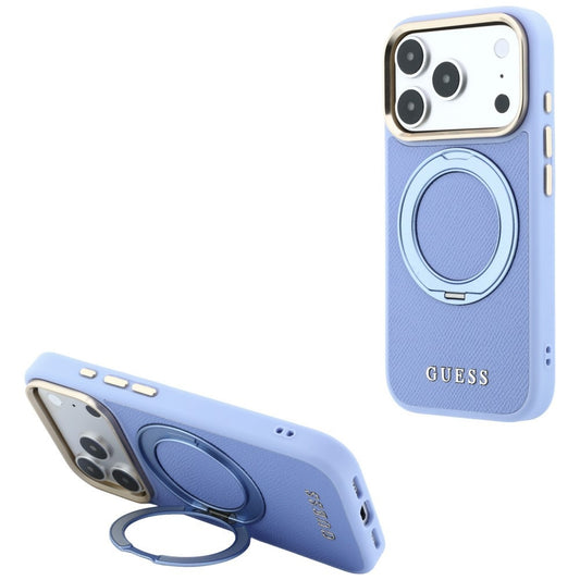MagSafe-Hülle für Apple iPhone 18 Pro / 17 Pro, Guess, Grained Ring Stand 360 Classic, Hellblau