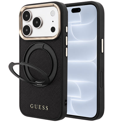 MagSafe-Hülle für Apple iPhone 18 Pro / 17 Pro, Guess, Grained Ring Stand 360 Classic, Schwarz