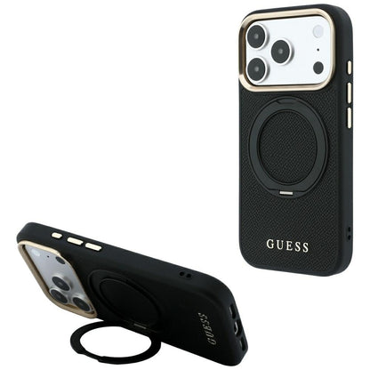 MagSafe-Hülle für Apple iPhone 18 Pro / 17 Pro, Guess, Grained Ring Stand 360 Classic, Schwarz
