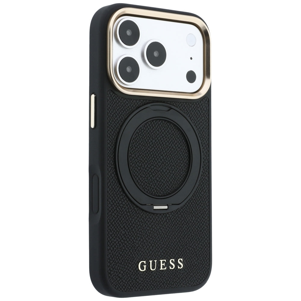 MagSafe-Hülle für Apple iPhone 18 Pro / 17 Pro, Guess, Grained Ring Stand 360 Classic, Schwarz