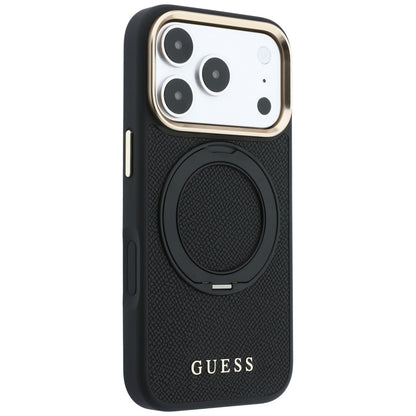 MagSafe-Hülle für Apple iPhone 18 Pro / 17 Pro, Guess, Grained Ring Stand 360 Classic, Schwarz