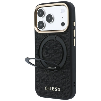 MagSafe-Hülle für Apple iPhone 18 Pro / 17 Pro, Guess, Grained Ring Stand 360 Classic, Schwarz