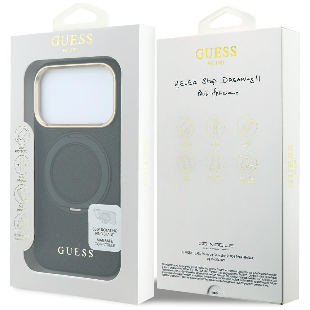 MagSafe-Hülle für Apple iPhone 18 Pro / 17 Pro, Guess, Grained Ring Stand 360 Classic, Schwarz