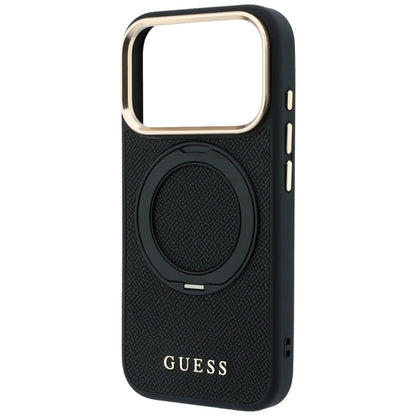 MagSafe-Hülle für Apple iPhone 18 Pro / 17 Pro, Guess, Grained Ring Stand 360 Classic, Schwarz