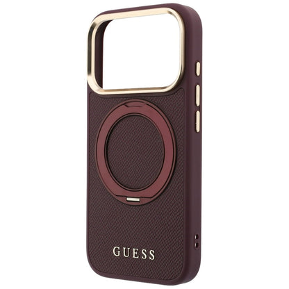 MagSafe-Hülle für Apple iPhone 18 Pro / 17 Pro, Guess, Grained Ring Stand 360 Classic, Burgunderrot