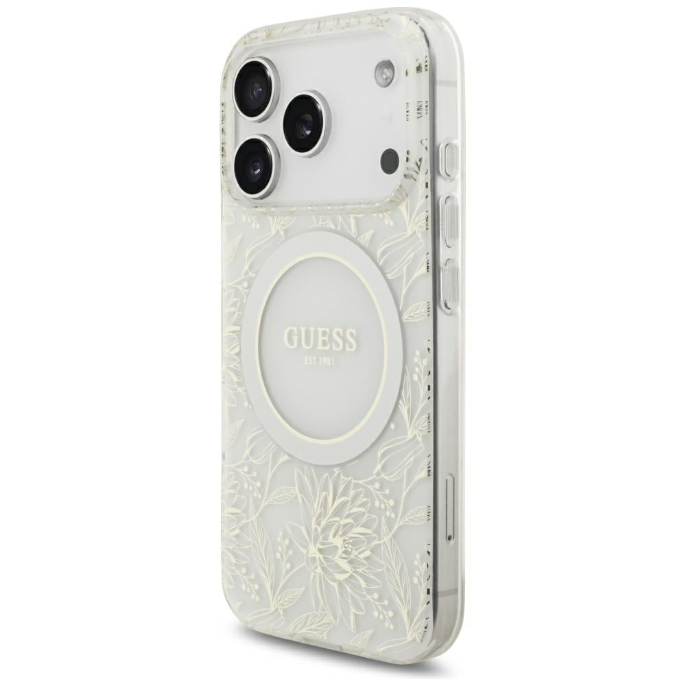 MagSafe-Hülle für Apple iPhone 18 Pro / 17 Pro, Guess, IML Flowers galvanisiert mit Perlenriemen, Weiß