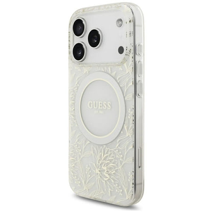 MagSafe-Hülle für Apple iPhone 18 Pro / 17 Pro, Guess, IML Flowers galvanisiert mit Perlenriemen, Weiß