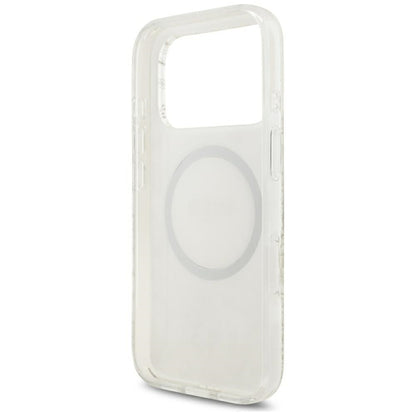 MagSafe-Hülle für Apple iPhone 18 Pro / 17 Pro, Guess, IML Flowers galvanisiert mit Perlenriemen, Weiß