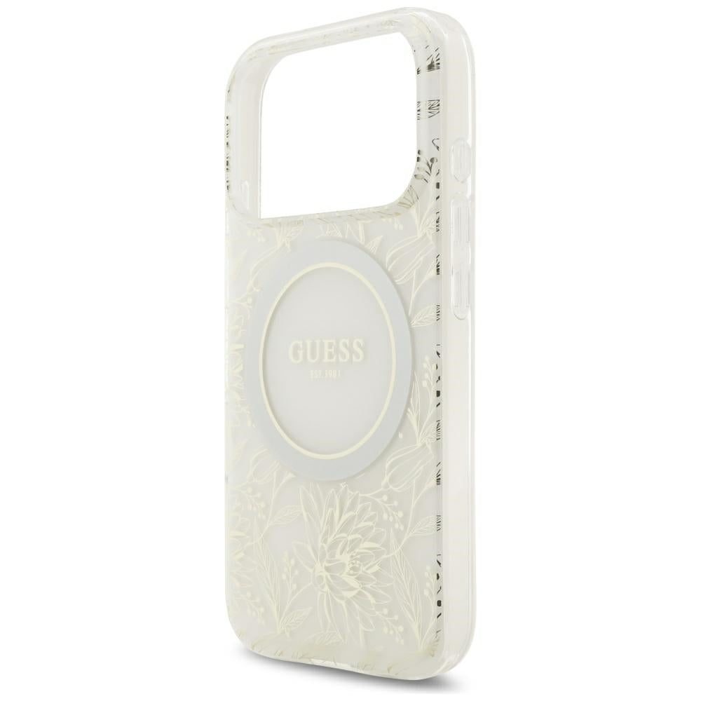 MagSafe-Hülle für Apple iPhone 18 Pro / 17 Pro, Guess, IML Flowers galvanisiert mit Perlenriemen, Weiß