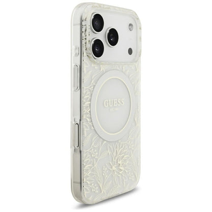 MagSafe-Hülle für Apple iPhone 18 Pro / 17 Pro, Guess, IML Flowers galvanisiert mit Perlenriemen, Weiß