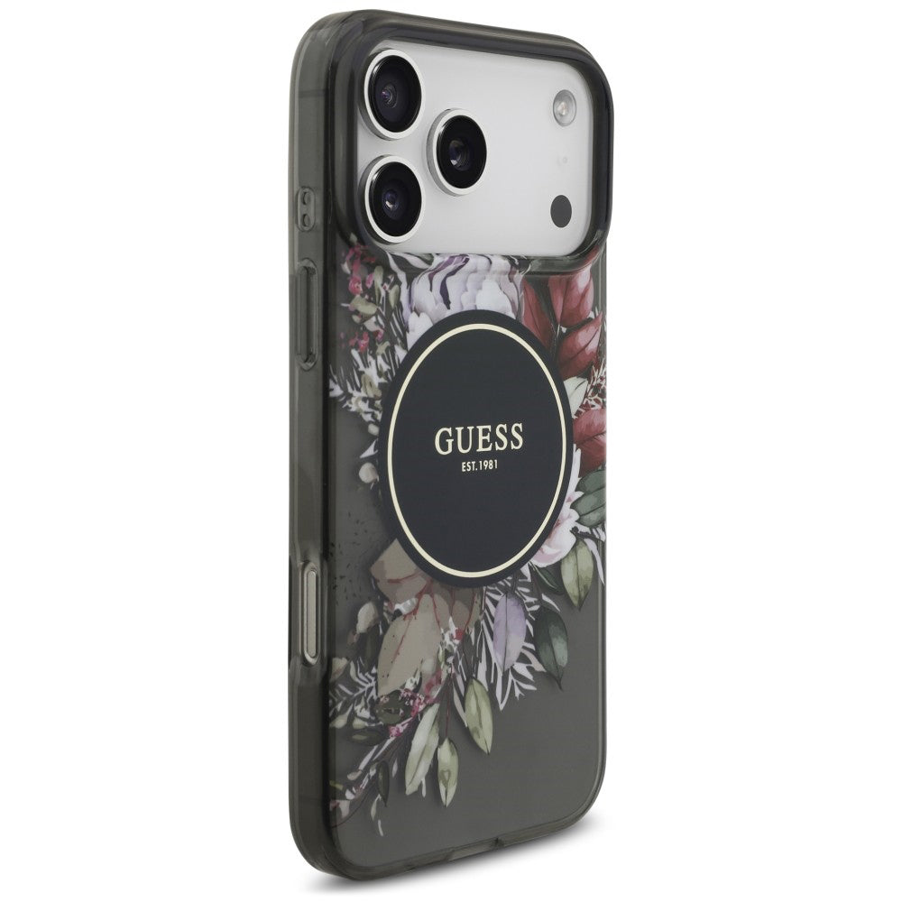 MagSafe-Hülle für Apple iPhone 18 Pro / 17 Pro, Guess, IML Flowers with Pearl Strap, Schwarz
