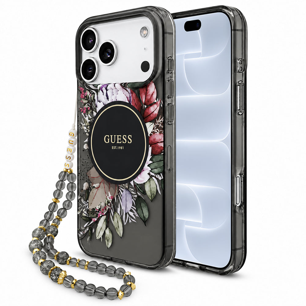 MagSafe-Hülle für Apple iPhone 18 Pro / 17 Pro, Guess, IML Flowers with Pearl Strap, Schwarz