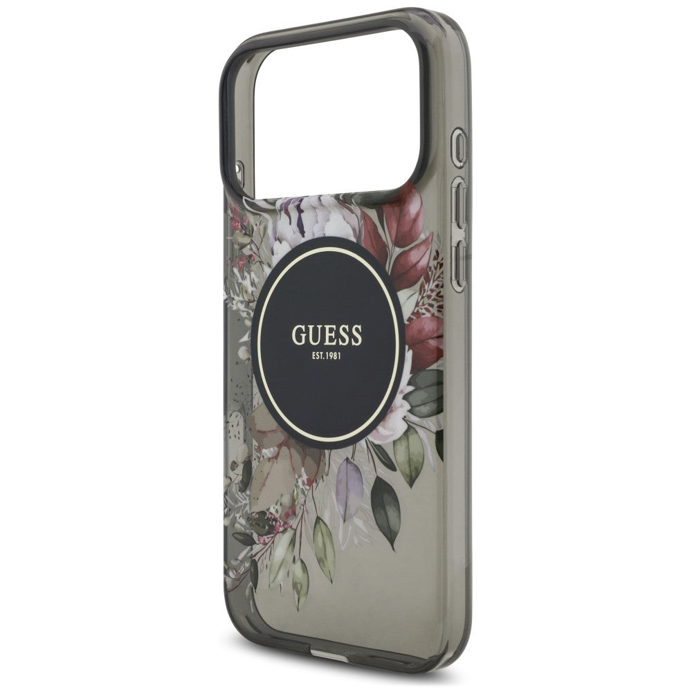 MagSafe-Hülle für Apple iPhone 18 Pro / 17 Pro, Guess, IML Flowers with Pearl Strap, Schwarz