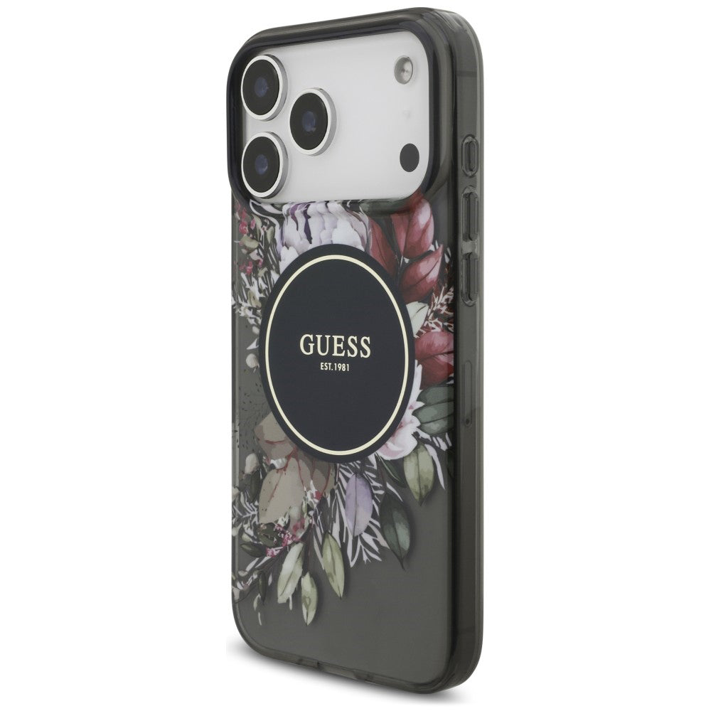 MagSafe-Hülle für Apple iPhone 18 Pro / 17 Pro, Guess, IML Flowers with Pearl Strap, Schwarz