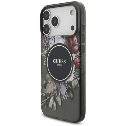 MagSafe-Hülle für Apple iPhone 18 Pro / 17 Pro, Guess, IML Flowers with Pearl Strap, Schwarz