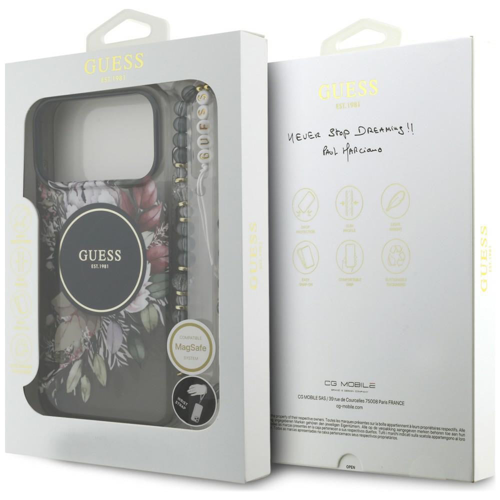 MagSafe-Hülle für Apple iPhone 18 Pro / 17 Pro, Guess, IML Flowers with Pearl Strap, Schwarz