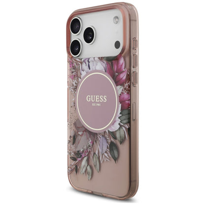 MagSafe-Hülle für Apple iPhone 18 Pro / 17 Pro, Guess, IML Flowers with Pearl Strap, Rosa