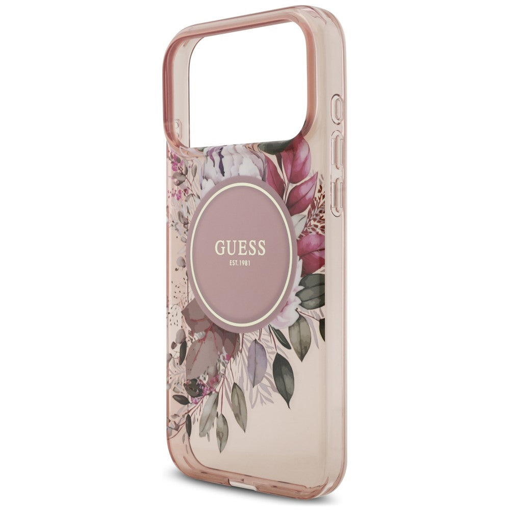 MagSafe-Hülle für Apple iPhone 18 Pro / 17 Pro, Guess, IML Flowers with Pearl Strap, Rosa