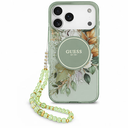 MagSafe-Hülle für Apple iPhone 18 Pro / 17 Pro, Guess, IML Flowers with Pearl Strap, Grün