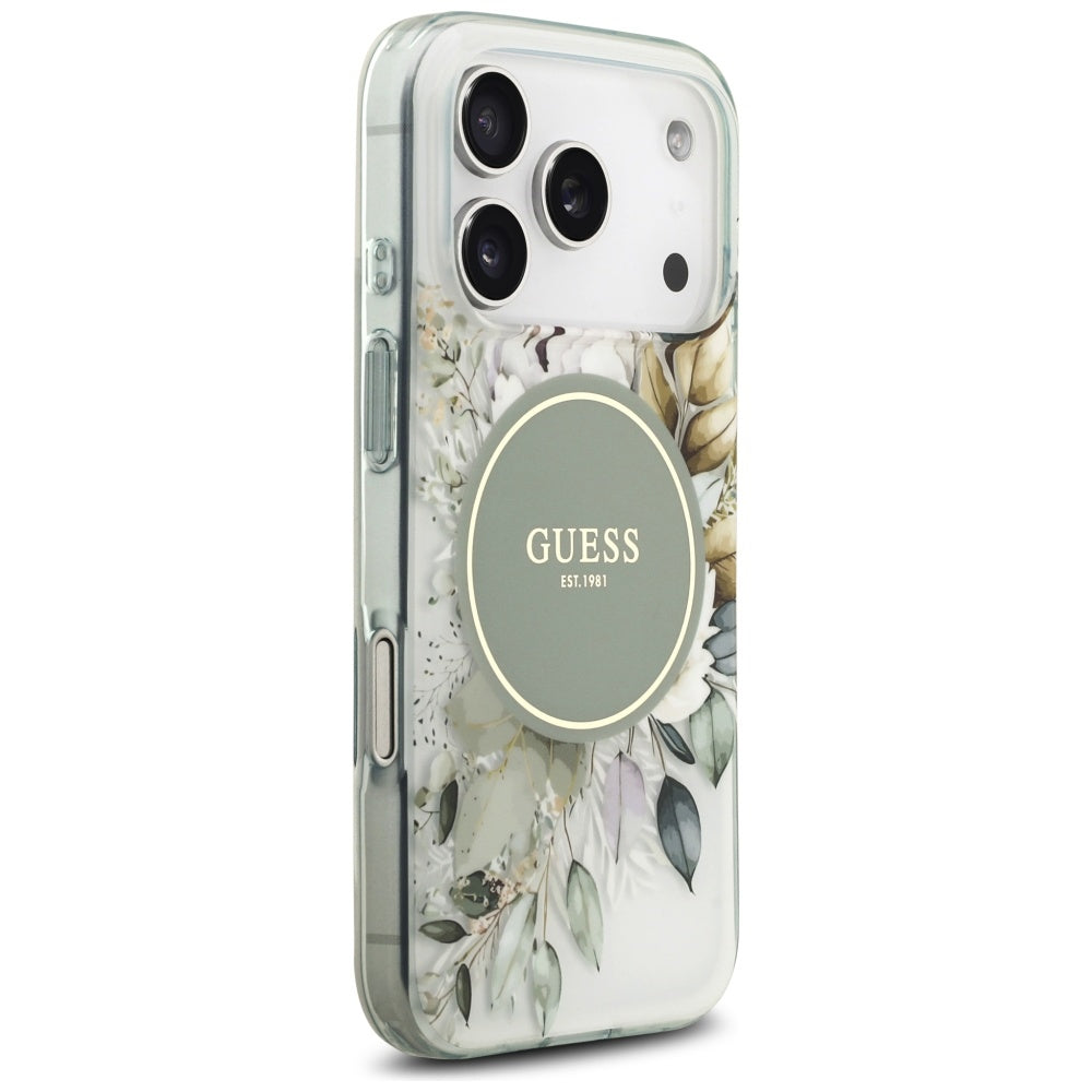 MagSafe-Hülle für Apple iPhone 18 Pro / 17 Pro, Guess, IML Flowers with Pearl Strap, Grün