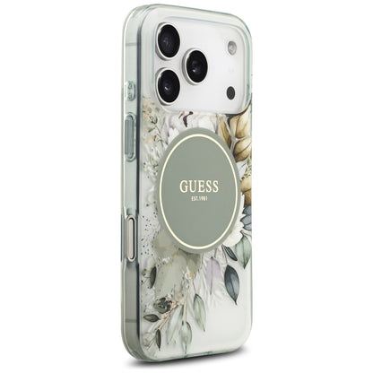 MagSafe-Hülle für Apple iPhone 18 Pro / 17 Pro, Guess, IML Flowers with Pearl Strap, Grün