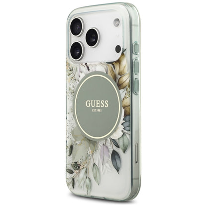 MagSafe-Hülle für Apple iPhone 18 Pro / 17 Pro, Guess, IML Flowers with Pearl Strap, Grün