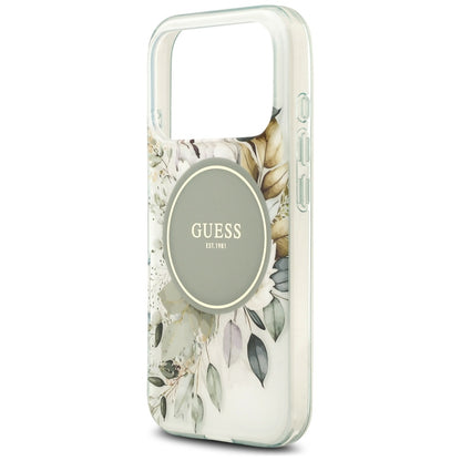MagSafe-Hülle für Apple iPhone 18 Pro / 17 Pro, Guess, IML Flowers with Pearl Strap, Grün