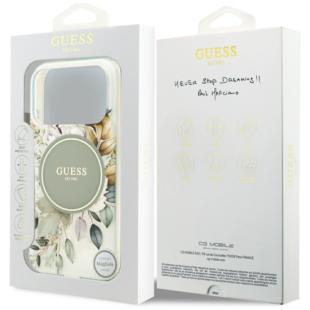 MagSafe-Hülle für Apple iPhone 18 Pro / 17 Pro, Guess, IML Flowers with Pearl Strap, Grün