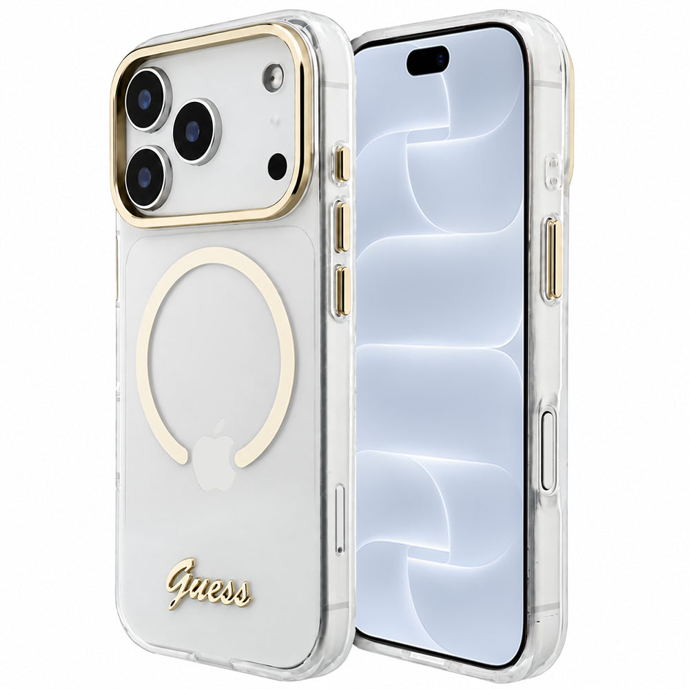 MagSafe Case for Apple iPhone 18 Pro / 17 Pro, Guess, IML Script Metal, Transparent