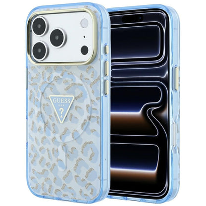 MagSafe-Hülle für Apple iPhone 18 Pro / 17 Pro, Guess, Leopard Glitter Dreieck Logo, Blau