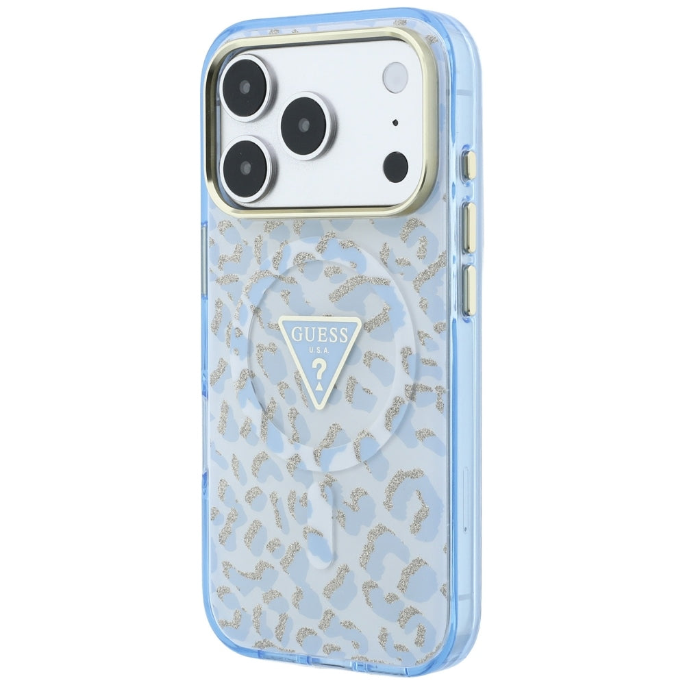 MagSafe-Hülle für Apple iPhone 18 Pro / 17 Pro, Guess, Leopard Glitter Dreieck Logo, Blau