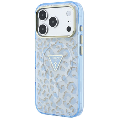 MagSafe-Hülle für Apple iPhone 18 Pro / 17 Pro, Guess, Leopard Glitter Dreieck Logo, Blau