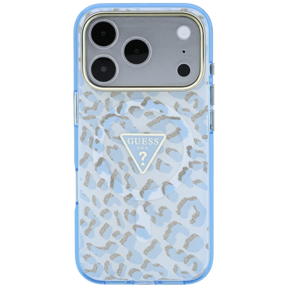 MagSafe-Hülle für Apple iPhone 18 Pro / 17 Pro, Guess, Leopard Glitter Dreieck Logo, Blau