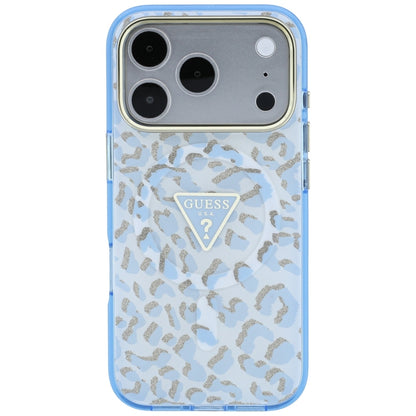 MagSafe-Hülle für Apple iPhone 18 Pro / 17 Pro, Guess, Leopard Glitter Dreieck Logo, Blau
