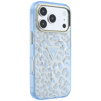 MagSafe-Hülle für Apple iPhone 18 Pro / 17 Pro, Guess, Leopard Glitter Dreieck Logo, Blau
