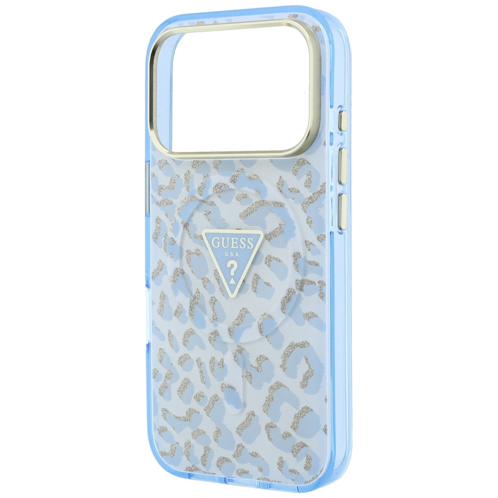 MagSafe-Hülle für Apple iPhone 18 Pro / 17 Pro, Guess, Leopard Glitter Dreieck Logo, Blau